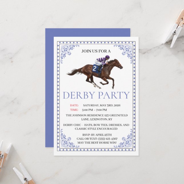 Convite Blue Chinoiserie Horse Race Derby Party Invite (Frente/Verso In Situ)
