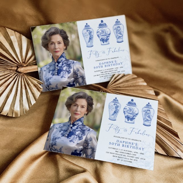Convite Blue Chinoiserie Porcelain 50th Aniversário Foto (Criador carregado)