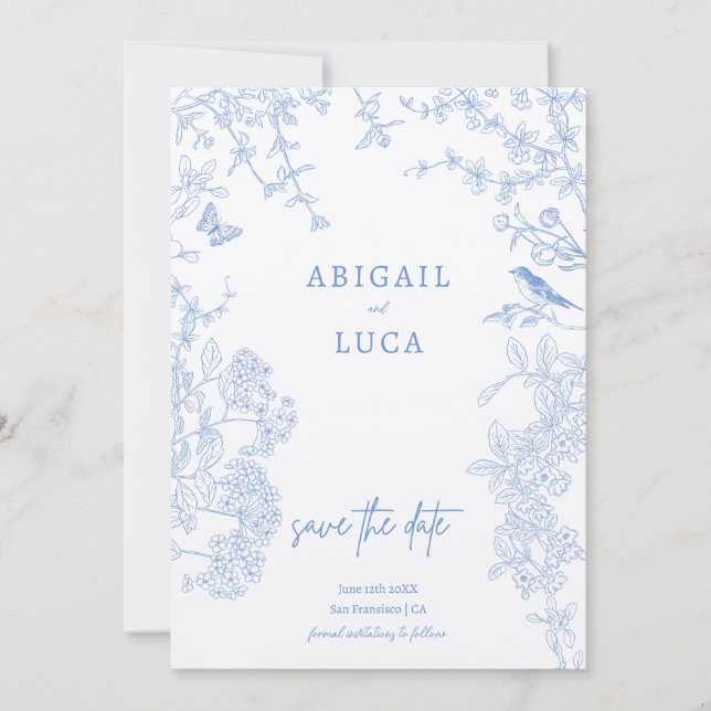 Convite Blue Chinoiserie Toile de Jouy Casamento Salvament (Frente)