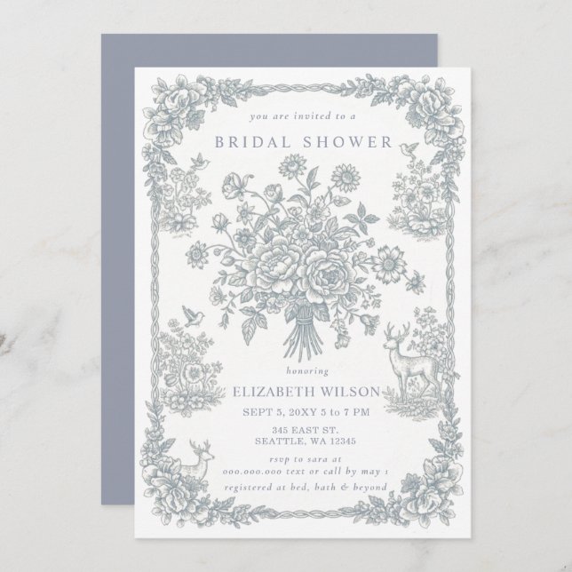 Convite Blue Chinoiserie Toile Floral Bridal Shower (Frente/Verso)