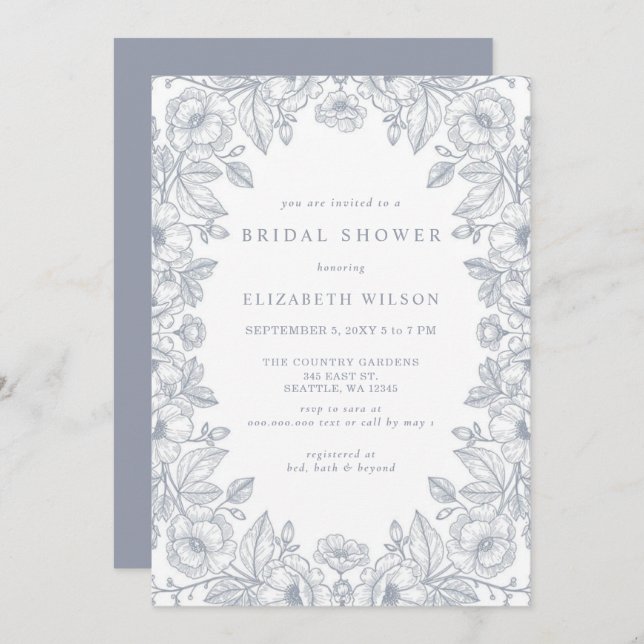 Convite Blue Chinoiserie Toile Floral Bridal Shower (Frente/Verso)
