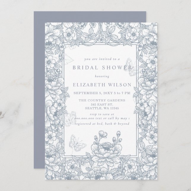 Convite Blue Chinoiserie Toile Floral Bridal Shower (Frente/Verso)