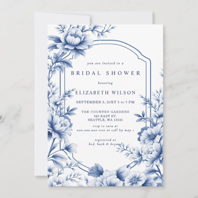 Convite Blue Chinoiserie Toile Floral Bridal Shower (Frente)