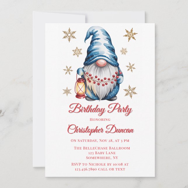 Convite Blue Christmas Gnome Boy Birthday Party (Frente)