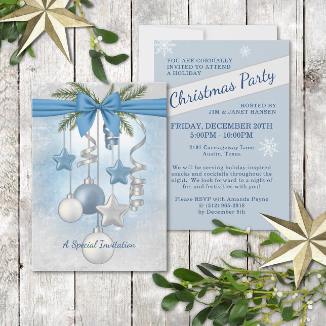 Convite Blue Christmas Multiple Ornaments Party Invitation (Criador carregado)