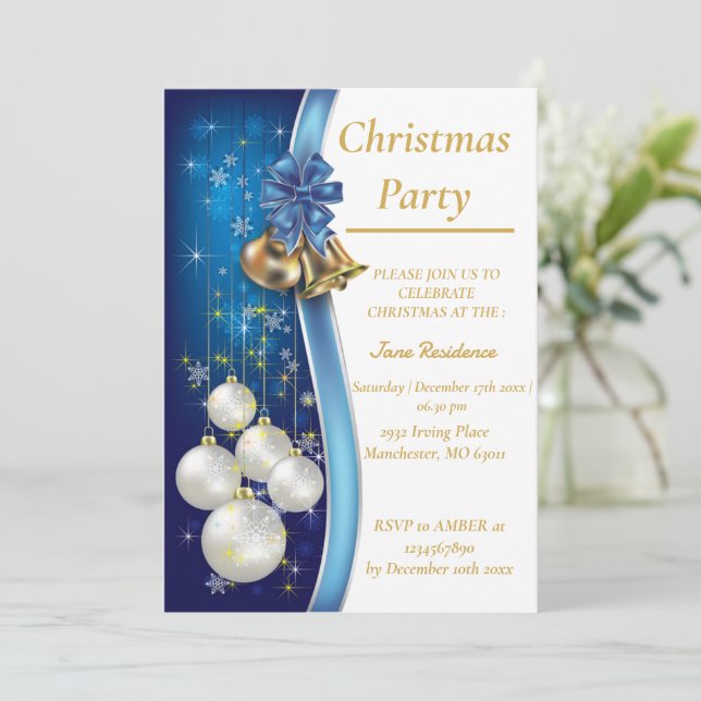 Convite Blue Christmas Ornament Invitation (Em pé/Frente)