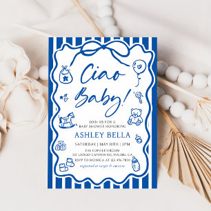 Convite Blue Ciao Baby Whimsic Chá de fraldas Italiano