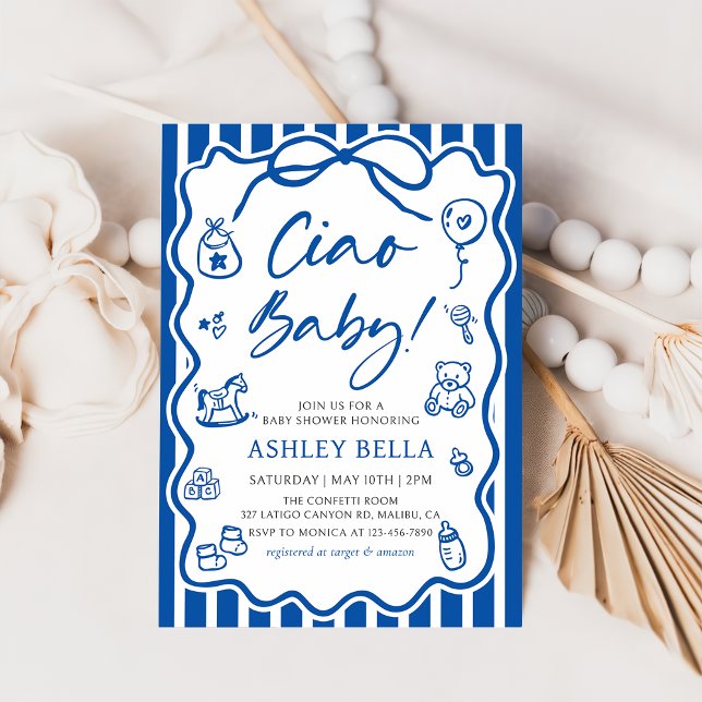 Convite Blue Ciao Baby Whimsic Chá de fraldas Italiano (Criador carregado)