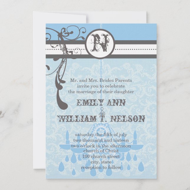 Convite Blue & Cinza Vintage Chandelier Damask Your Photo (Verso)