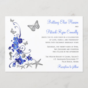 Convite Blue, Cinza, White Tropical Beach Weding Invite