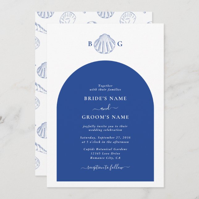 Convite Blue Clam Seashells Coastal Seaside Beach Wedding (Frente/Verso)