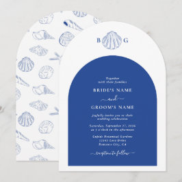 Convite Blue Clam Seashells Coastal Seaside Beach Wedding 