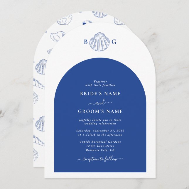 Convite Blue Clam Seashells Coastal Seaside Beach Wedding  (Frente/Verso)