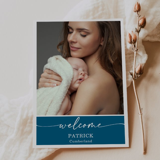 Convite  Blue Classic Welcome Baby Photo Announcement Card (Criador carregado)