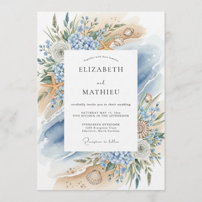 Convite Blue Coastal Bloom Beach Wedding (Frente)