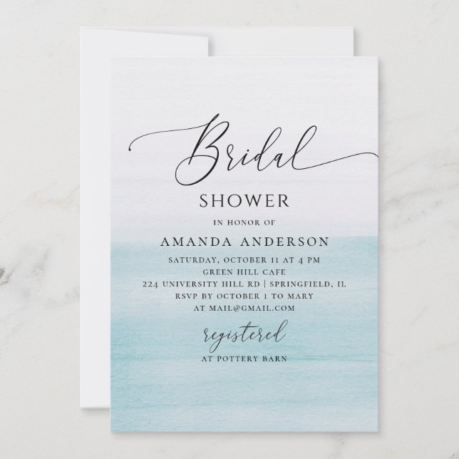 Convite Blue Coastal Bridal Shower | Watercolor Beach (Frente)