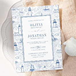 Convite Blue Coastal Chic Lighthouse Toile Wedding