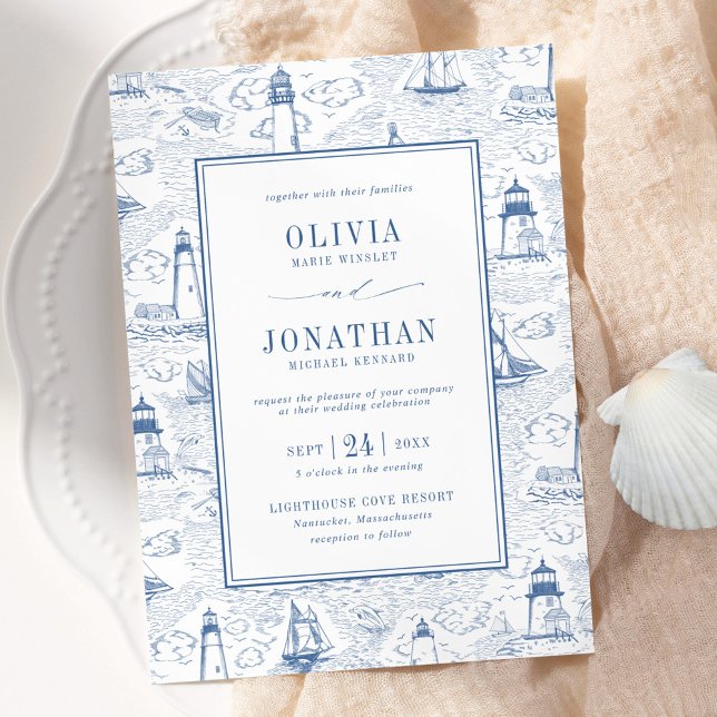 Convite Blue Coastal Chic Lighthouse Toile Wedding (Criador carregado)