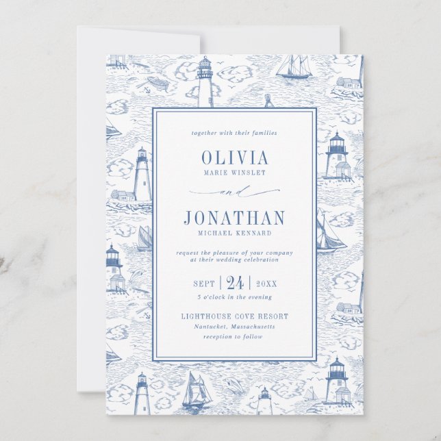 Convite Blue Coastal Chic Lighthouse Toile Wedding (Frente)