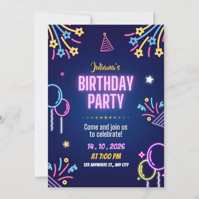 Convite Blue Colorful Neon Birthday Party Invitation (Frente)