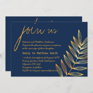 Convite Blue Copper Leaf Wedation Convocação Moderna Mínim