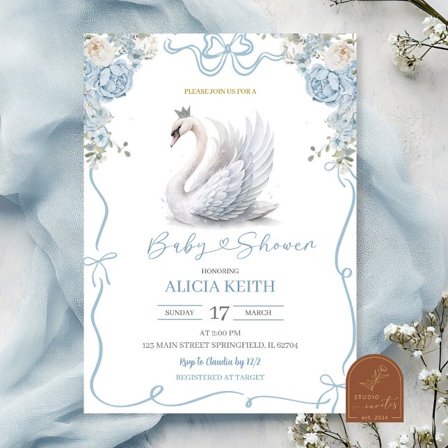 Convite Blue Coquette Crowned Swan Baby Shower (Criador carregado)