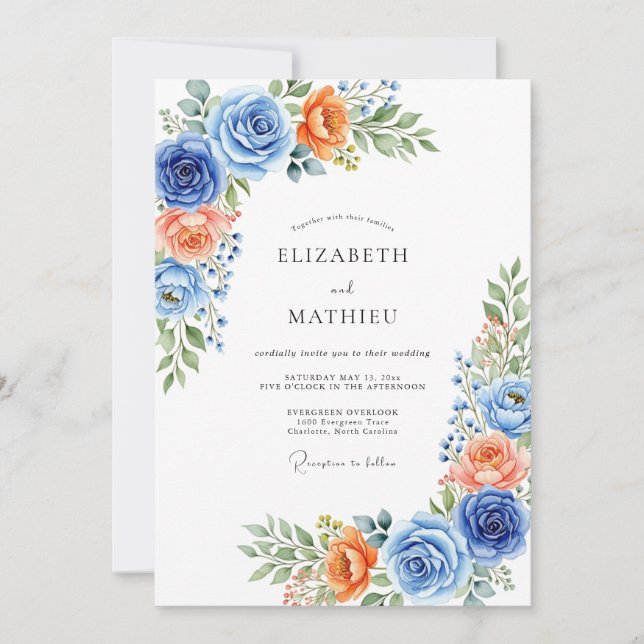 Convite Blue Coral Botanical Romance Wedding (Frente)