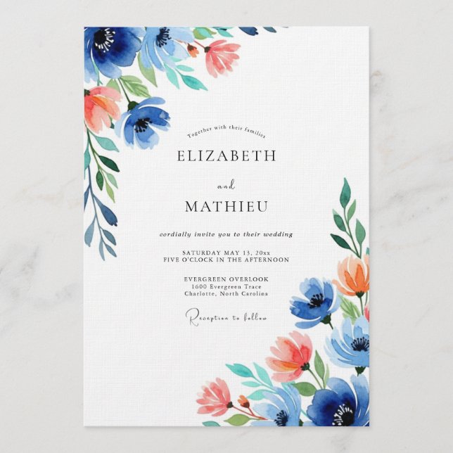 Convite Blue Coral Floral Wedding (Frente)