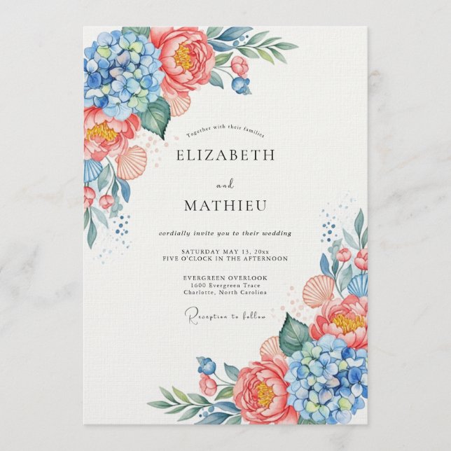 Convite Blue Coral Floral Whimsy Wedding (Frente)