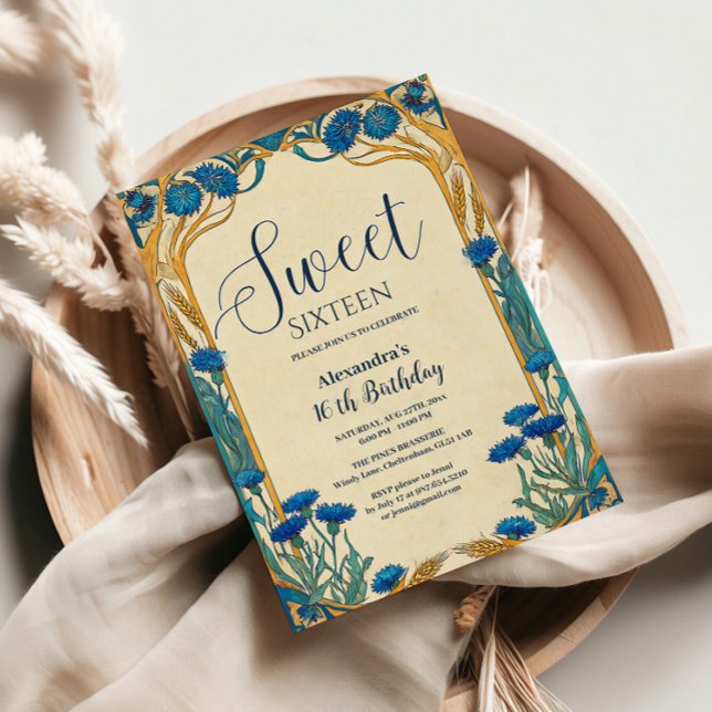 Convite Blue Cornflower Art Nouveau Sweet Sixteen (Criador carregado)