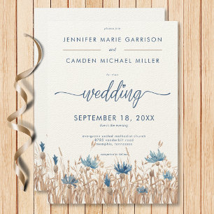 Convite Blue Cornflowers & Campo de Trigo Casamento Modern