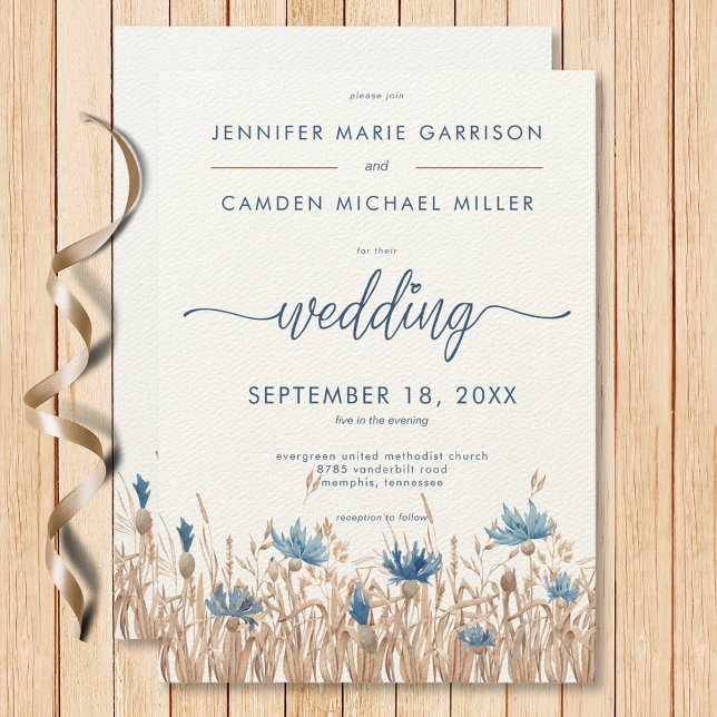 Convite Blue Cornflowers & Campo de Trigo Casamento Modern (Blue Cornflowers & Wheat Field Modern Wedding Invitation)