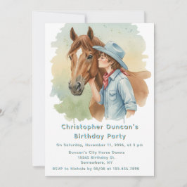 Convite Blue Cowboy Kissing a Horse Birthday Party