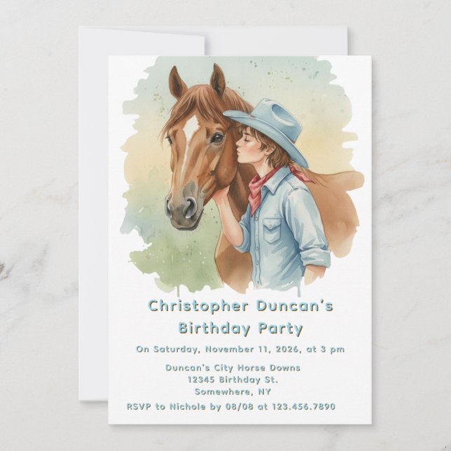 Convite Blue Cowboy Kissing a Horse Birthday Party (Frente)
