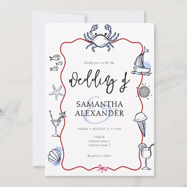 Convite Blue Crab Doodle Beach QR Code RSVP Casual Wedding (Frente)