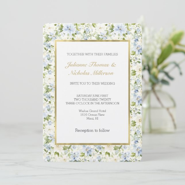 Convite Blue Cream Floral Wedding (Em pé/Frente)