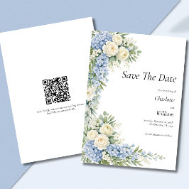 Convite Blue Cream Florals Wedding Save The Date QR Code