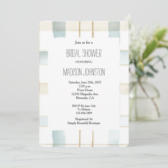Convite Blue Cream White Plaid Stripes Bridal Shower (Em pé/Frente)
