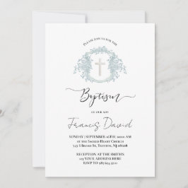 Convite blue crest black script Baptism Invitation