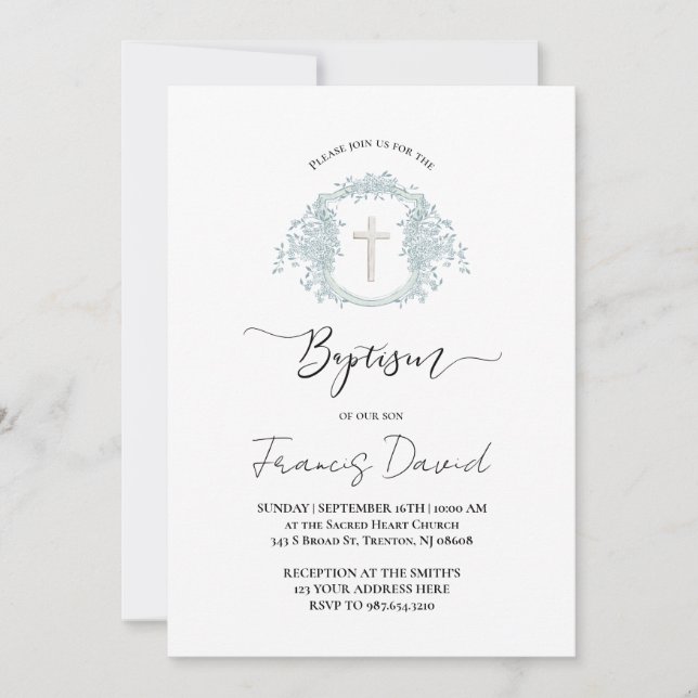Convite blue crest black script Baptism Invitation (Frente)