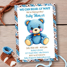 Convite Blue Crocheted Teddy Bear Boy's Baby Shower