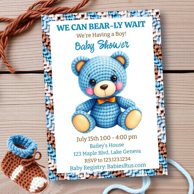 Convite Blue Crocheted Teddy Bear Boy's Baby Shower (Criador carregado)