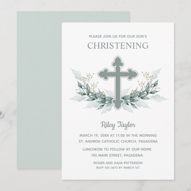 Convite Blue Cross Greenering Christening (Frente/Verso)