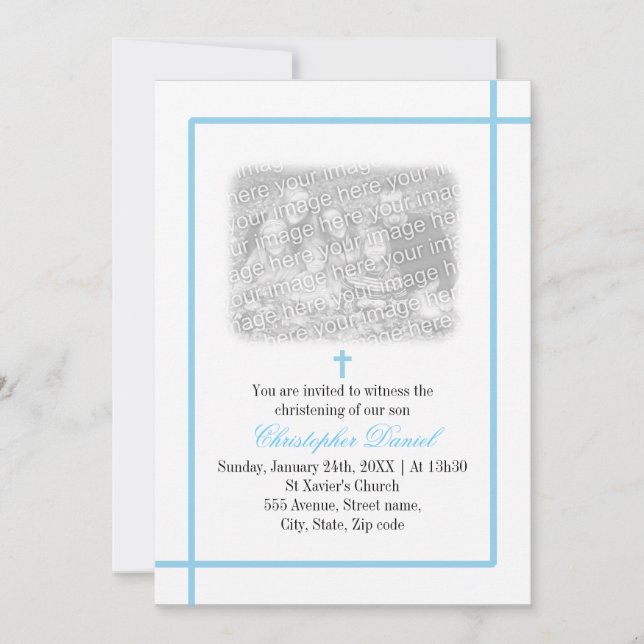 Convite Blue Cross Photo Christening (Frente)