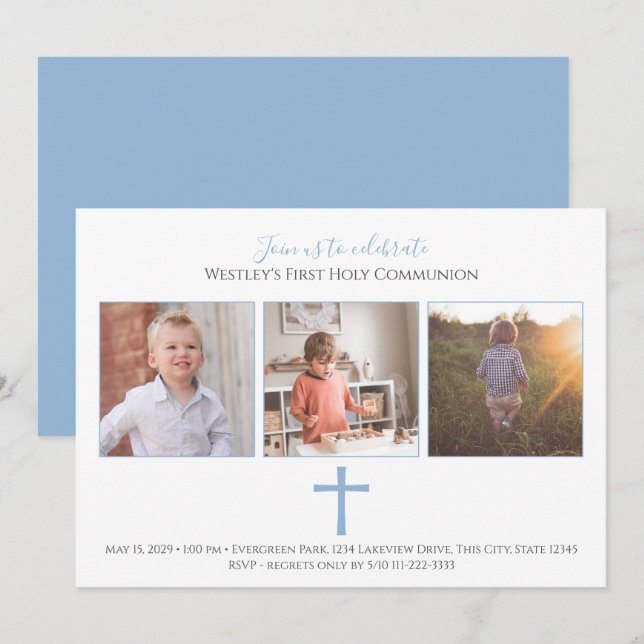 Convite Blue Cross Tri Foto Moderna Primeira Comunhão (Frente/Verso)