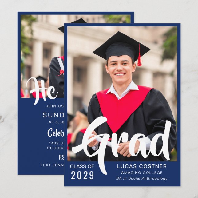 Convite Blue Custom Graduation Announcement & Party Invite (Frente/Verso)