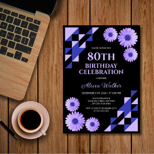 Convite Blue Daisy Triangle - Aniversário Geométrico Negro
