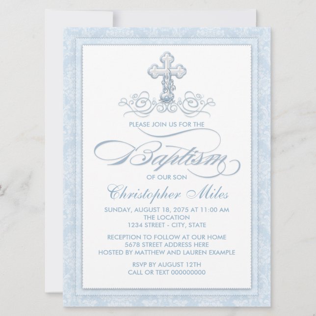 Convite Blue Damask Cross Baptism (Frente)
