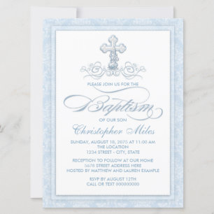 Convite Blue Damask Cross Baptism