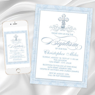 Convite Blue Damask Cross Baptism